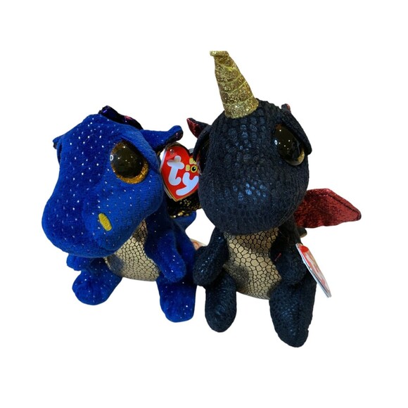 TY Beanie Boo Dragons NWT New -Sapphire (Blue) & Grindal (Black) 6" - Picture 1 of 8